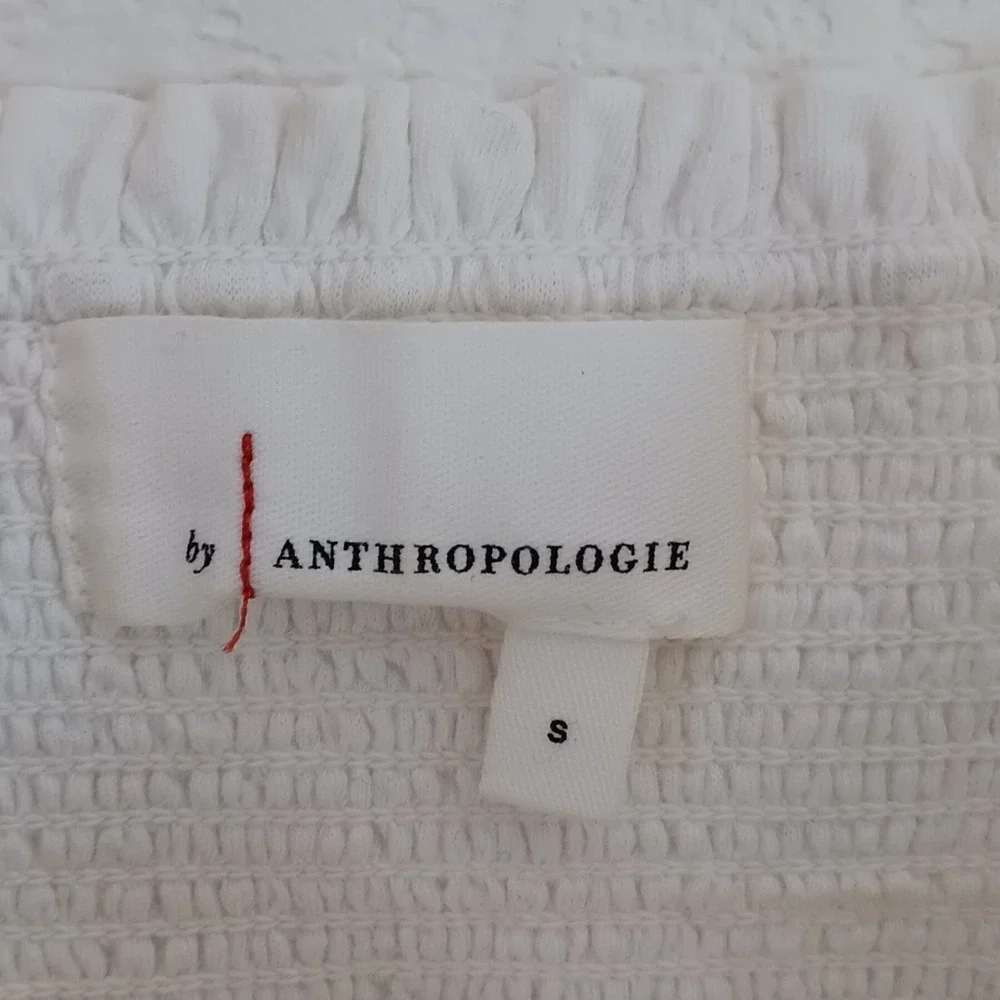 Anthropologie Smocked Top Women Size S White Gold Embroidered Puff Sleeve